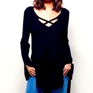 Free People - Criss Cross Black Linen Blend Slit Sides And Sleeves Sweater Small
